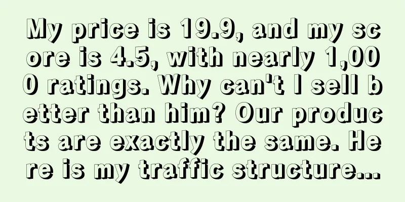 My price is 19.9, and my score is 4.5, with nearly 1,000 ratings. Why can't I sell better than him? Our products are exactly the same. Here is my traffic structure...